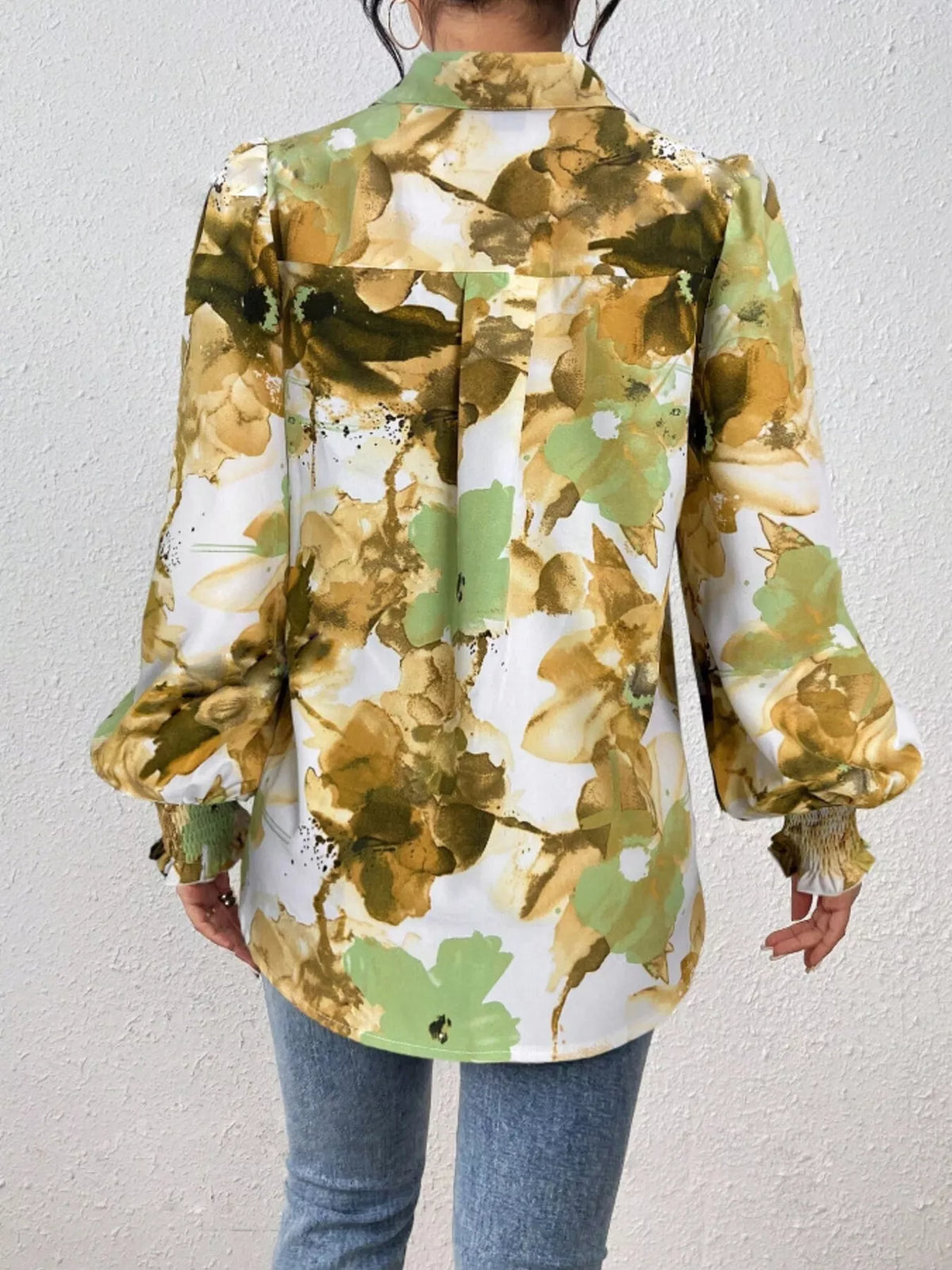 Printed Button Up Lantern Sleeve Shirt