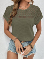 Waffle-Knit Round Neck Short Sleeve Top - Ladyez