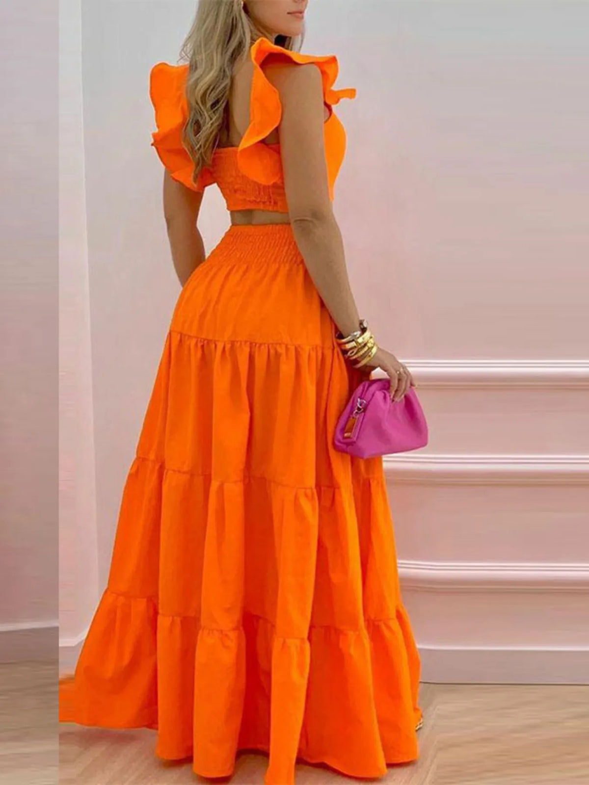 Full Size Ruffled Cami and Tiered Maxi Skirt Set Plus Size - Ladyez