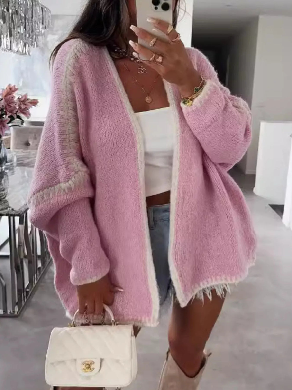 Contrast Trim Open Front Cardigan