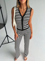 Striped Knit V-Neck Button-Up Sleeveless Top and Flare Pants Set