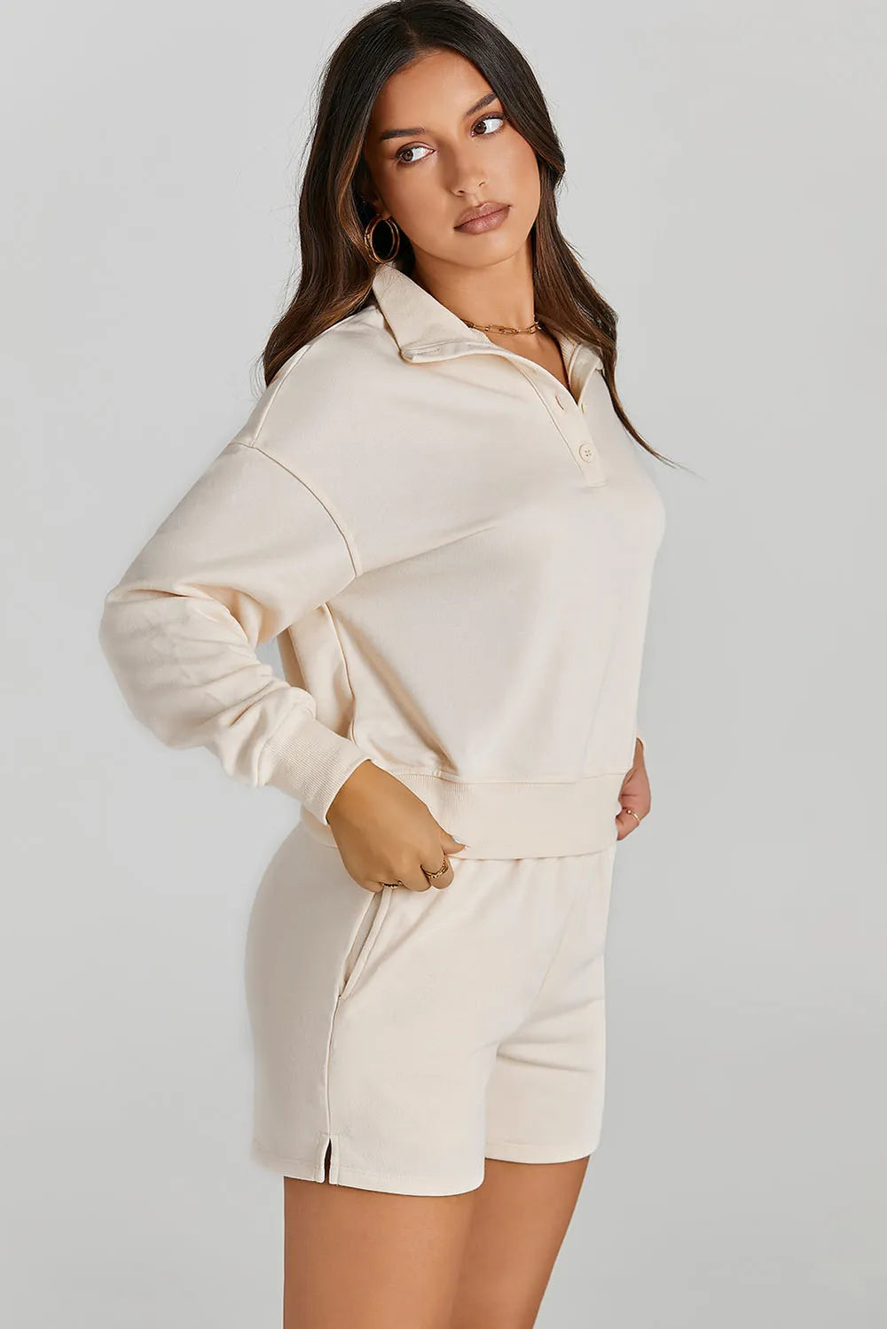 Half Button Sweatshirt and Shorts Active Set - Ladyez