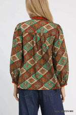 Umgee Abstract Print Ruffle Neck Top