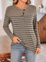 Lovelet Quarter Button Striped Round Neck Long Sleeve T-Shirt - Ladyez
