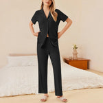 Button Down Long Sleeve Top and Pants Lounge Set - Ladyez