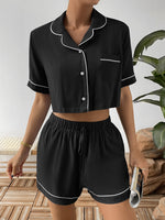 Ivy Lane Contrast Lapel Collar Cropped Shirt and Shorts Lounge Set - Ladyez