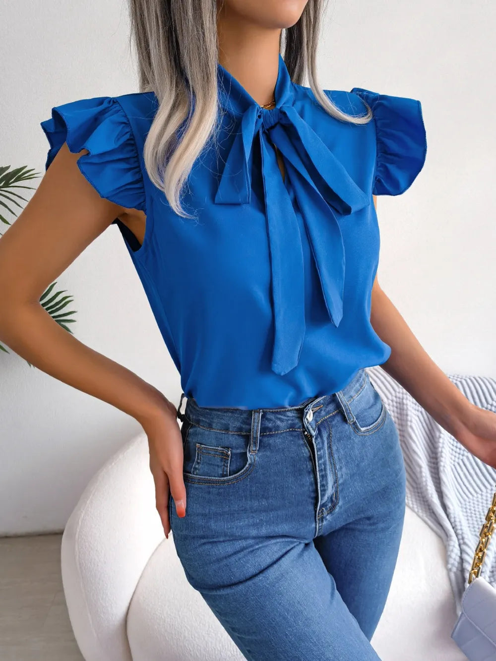TieNeck Cap Sleeve Blouse