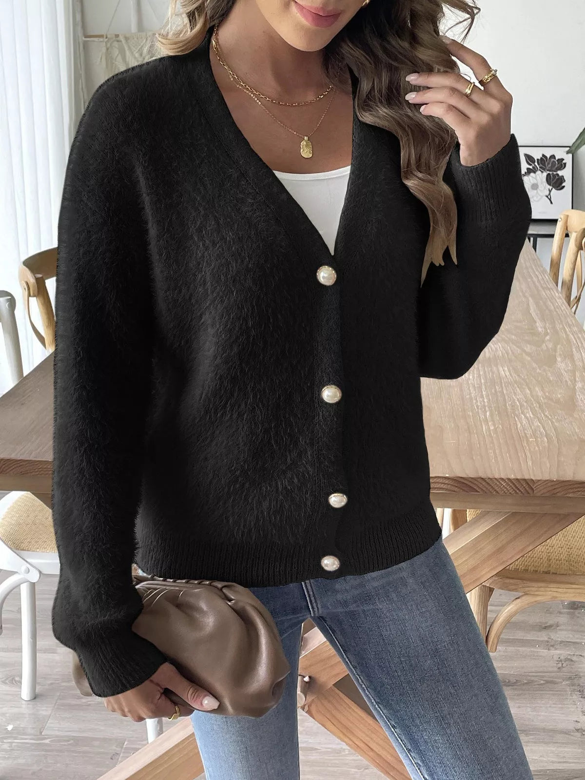 Fuzzy Knit V-Neck Cardigan