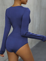 Perfee Lace Detail Plunge Long Sleeve Bodysuit - Ladyez