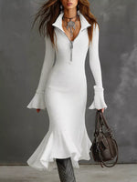 Ribbed Knit Zip Front Flare Hem Midi Dress
