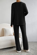 Ribbed V-Neck Top and Pants Lounge Set - Ladyez