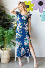 Heimish Full Size Floral Short Sleeve Slit Dress - Ladyez
