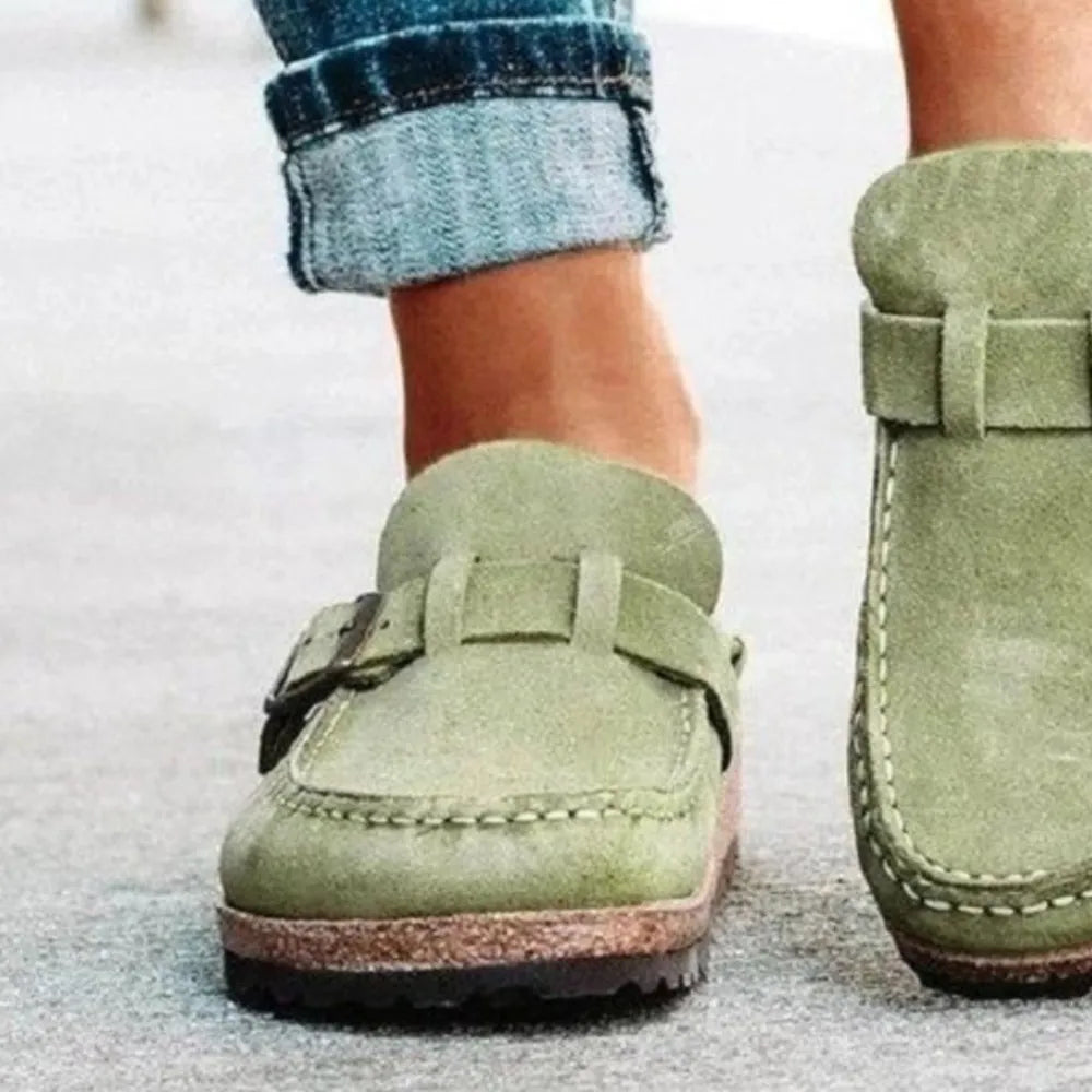 Round Toe Low Heel Buckle Loafers - Ladyez