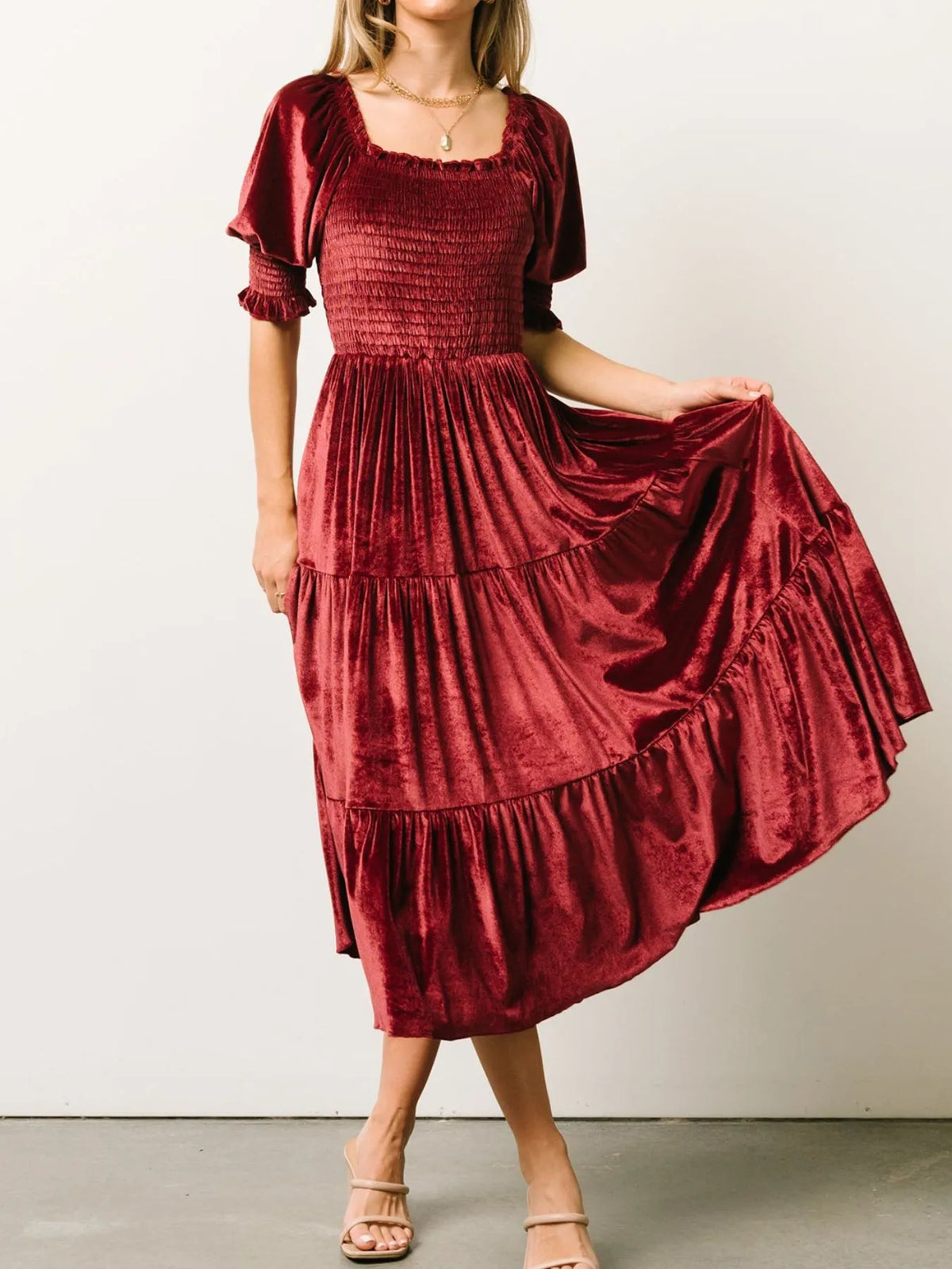 Smocked Half Sleeve Tiered Midi Dress - Ladyez