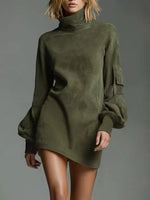 Full Size Suede Turtleneck Lantern Sleeve Mini Dress Plus Size