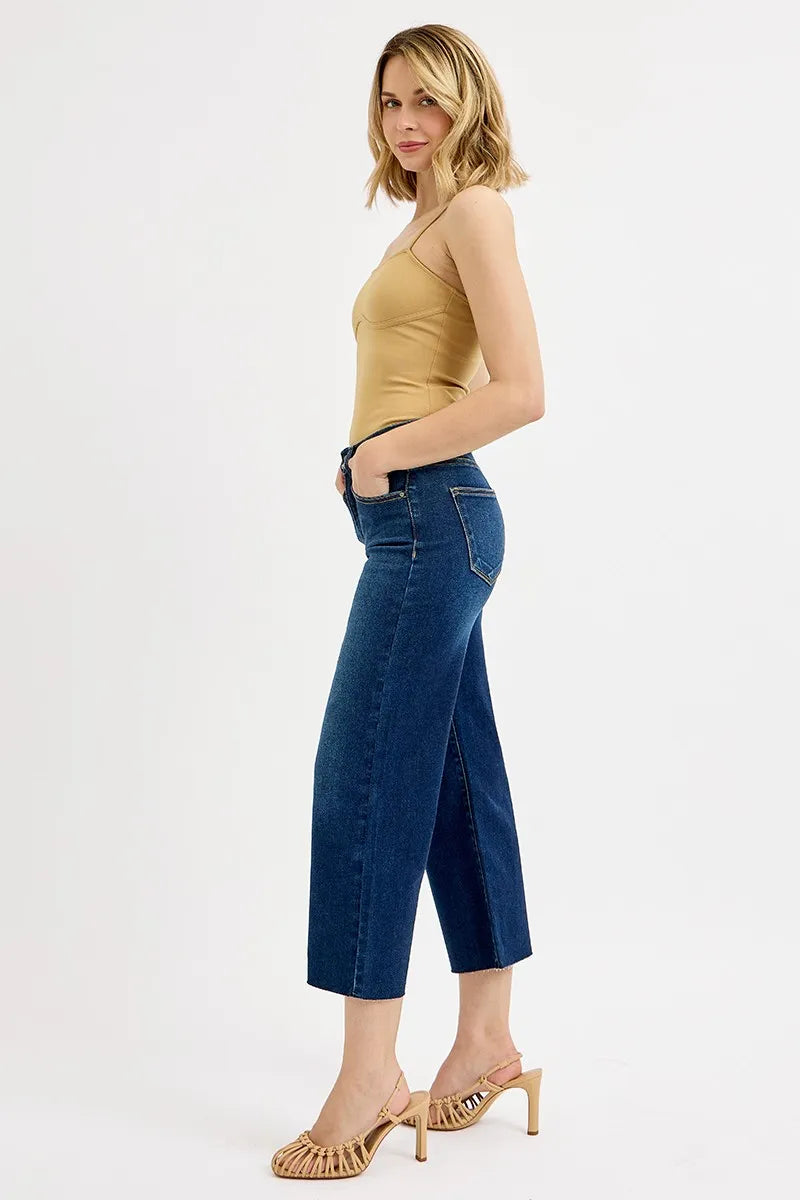 RISEN Full Size Tummy Control High Rise Crop Wide Jeans Plus Size - Ladyez