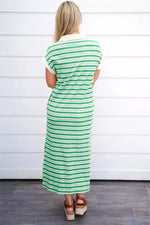 Stripe Collared V Neck Short Sleeve T Shirt Midi Dress with Pockets