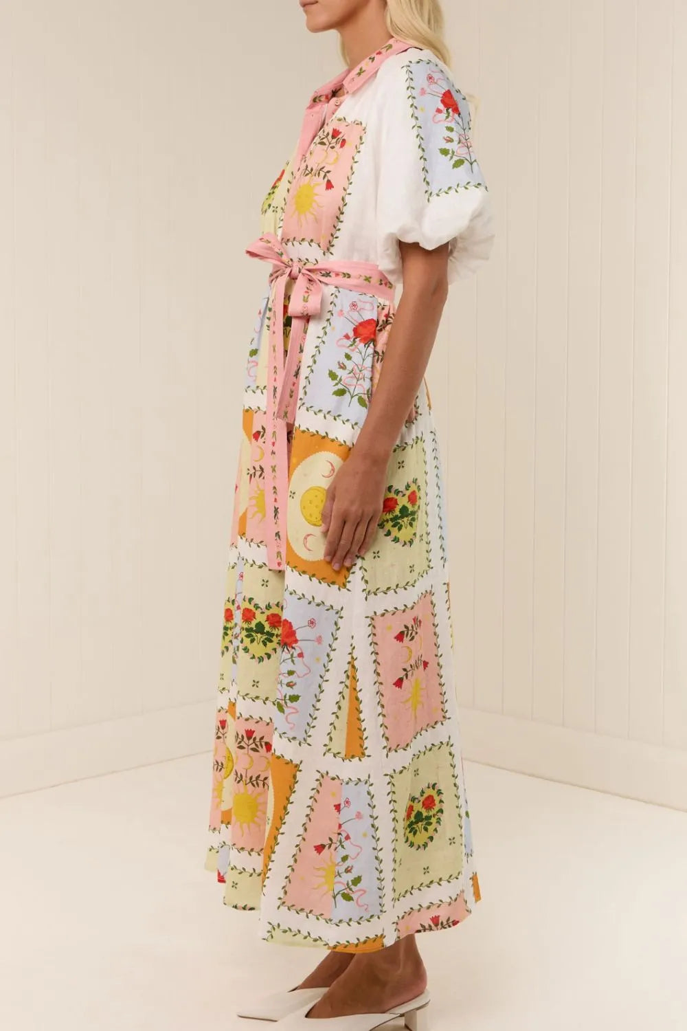 Printed Short Sleeve Belted Maxi Dress - Ladyez