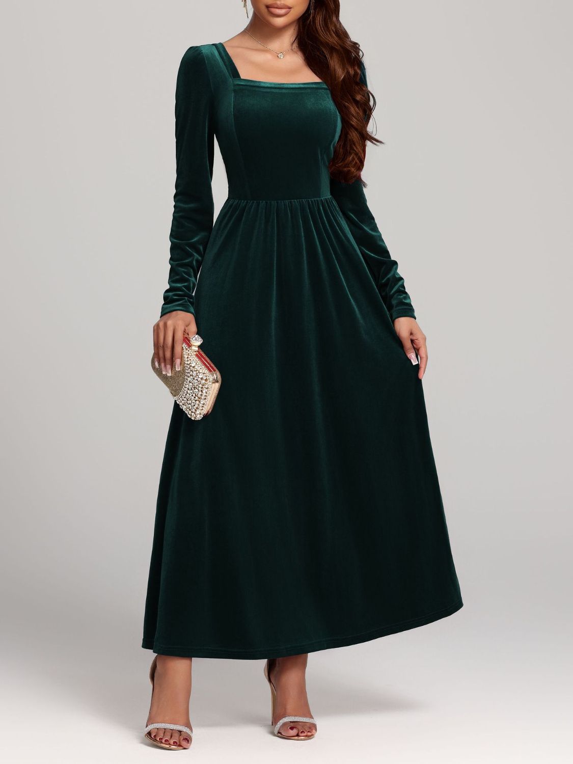 Velvet Square Neck Long Sleeve Dress - Ladyez
