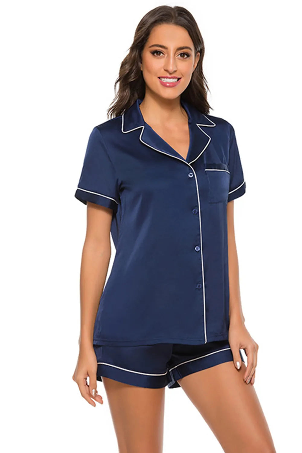 Printed Button Up Short Sleeve Top and Shorts Lounge Set - Ladyez
