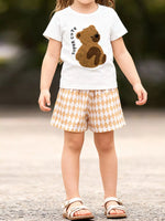 Children's Bear Graphic Tee & Diamond Pattern Shorts Set