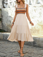 Tie Shoulder Square Neck Tiered Midi Dress - Ladyez