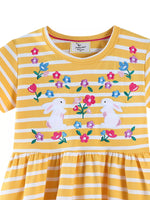 Children's Striped Bunny Embroidered Round Neck Dress