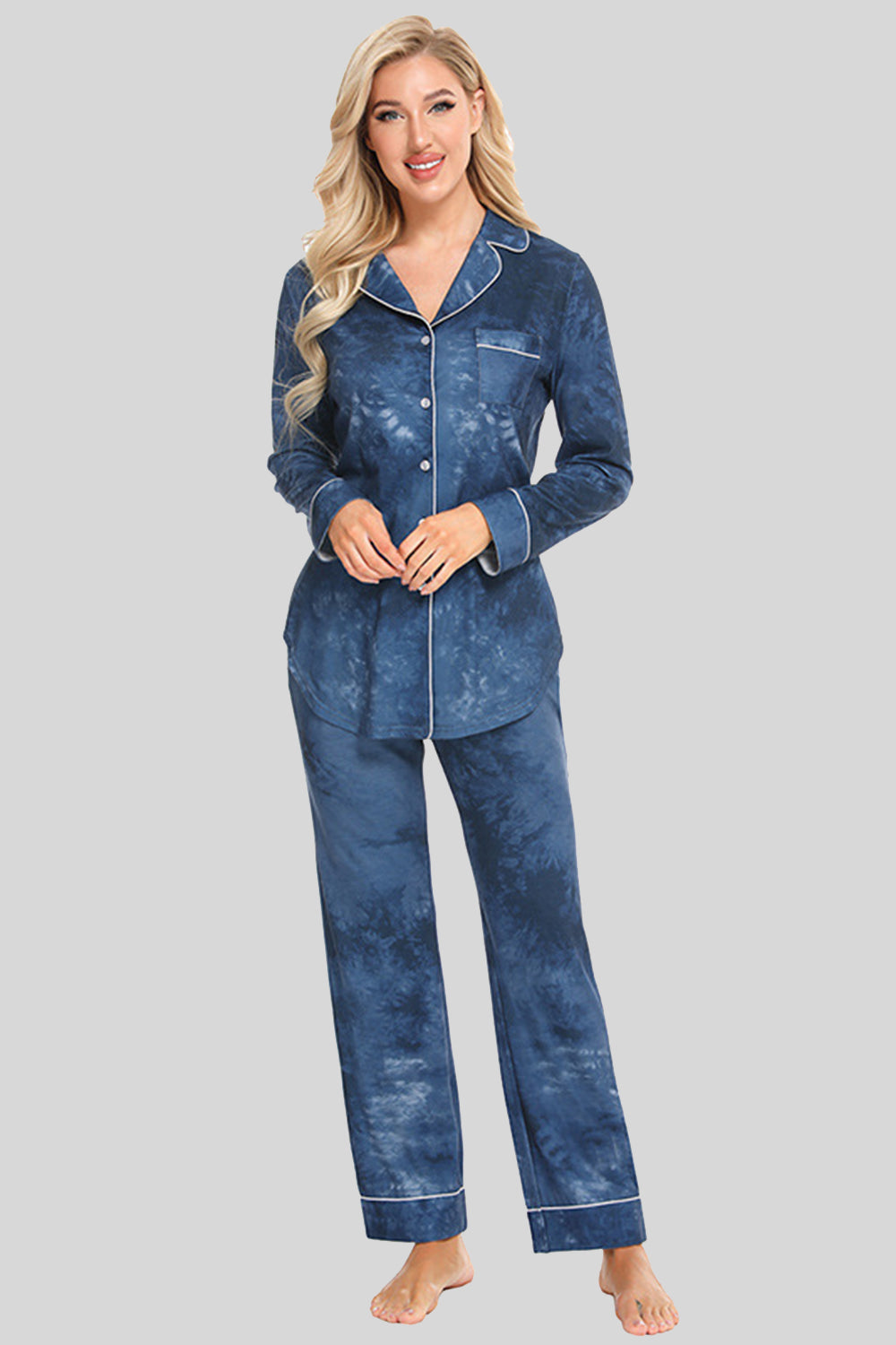 Collared Neck Long Sleeve Loungewear Set with Pockets - Ladyez