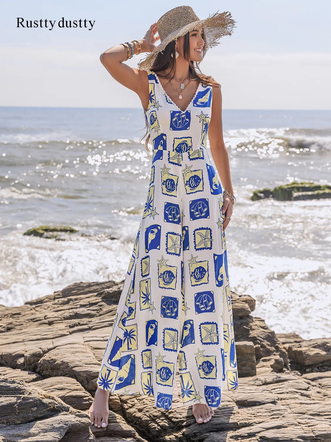 Printed V-Neck Wide Leg Jumpsuit - Ladyez