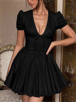 V-Neck Short Sleeve Mini Dress - Ladyez