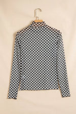 Plaid Stand Neck Long Sleeve Mesh Top