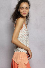 POL Ruched Floral V-Neck Tank with Lace Detail