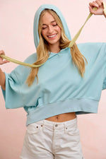 BiBi Washed Terry Short Sleeve Drawstring Hoodie Top