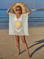 Angel Wings Openwork Flower V-Neck Short Sleeve Cover Up - Ladyez