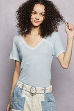 POL Lace Detail V-Neck Short Sleeve Textured T-Shirt