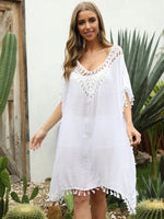 Tassel Cutout Half Sleeve Cover-Up - Ladyez