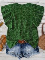 Polka Dot Notched Ruffled Cap Sleeve Blouse