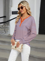 Striped Notched Long Sleeve T-Shirt - Ladyez