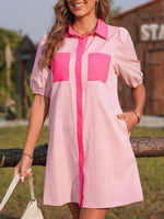 Stripe Color Block Patchwork Shirt Collar Button Down Puff Sleeve Mini Dress