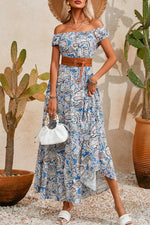 Printed Off-Shouder Short Sleeve Dress - Ladyez