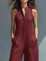 Full Size Button Front Sleeveless Jumpsuit Plus Size
