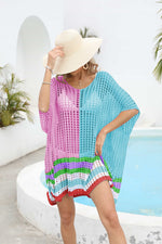 Contrast Scoop Neck Openwork Half Sleeve Cover Up - Ladyez