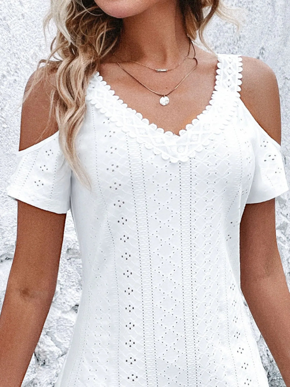 Cold Shoulder Short Sleeve Eyelet Mini Dress - Ladyez