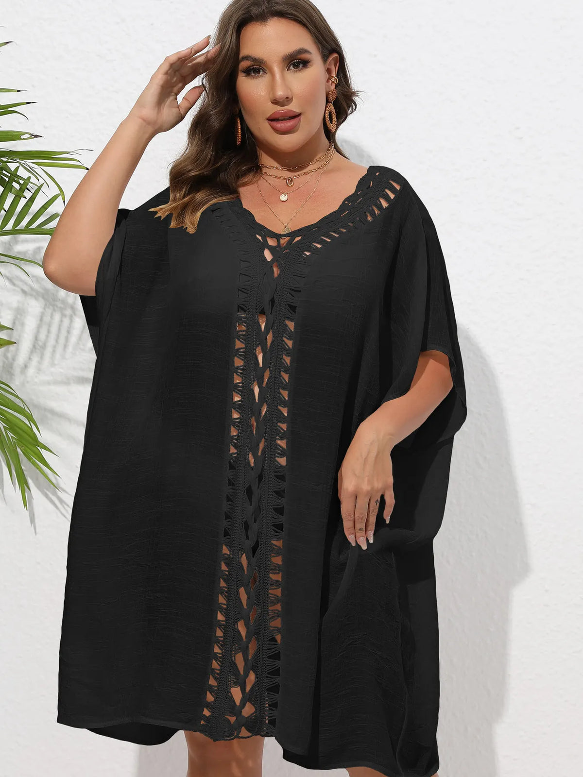 Crochet Trim V-Neck Beach Cover Up Dress - Ladyez