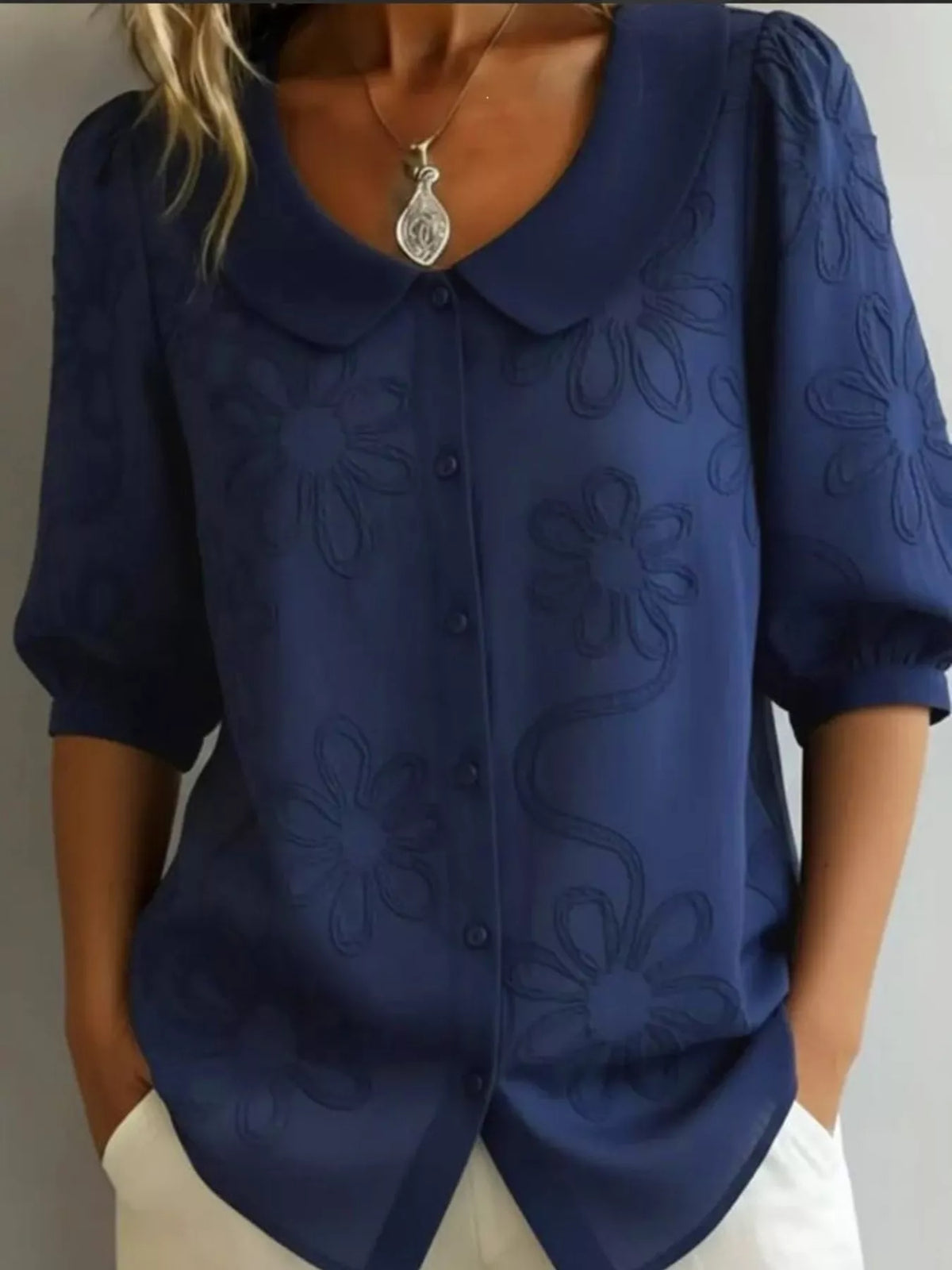Full Size Flower Puff Sleeve Shirt Plus Size