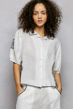 POL Button Down Embroidered Floral Short Sleeve Shirt