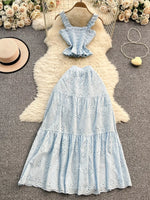 Smocked Crop Top and Hollow-Out Skirt Set