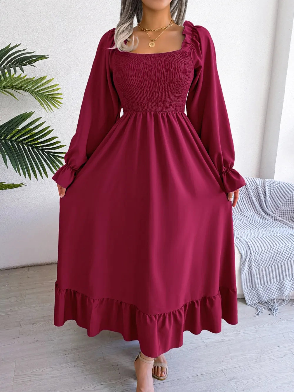 Smocked Square Neck Flounce Sleeve Dress - Ladyez