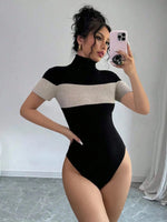 Color Block Turtleneck Ribbed Bodysuit - Ladyez