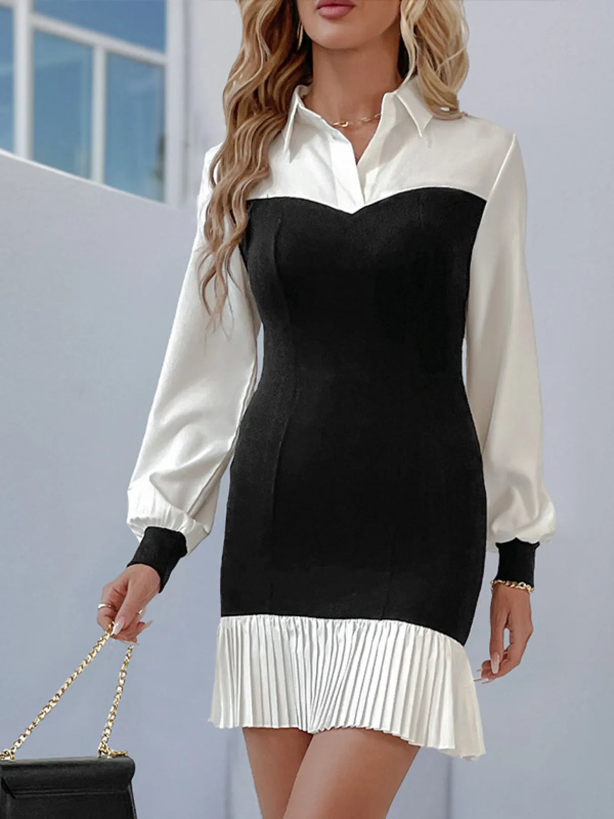 Two Tone Pleated Long Sleeve Shirt Dress - Ladyez